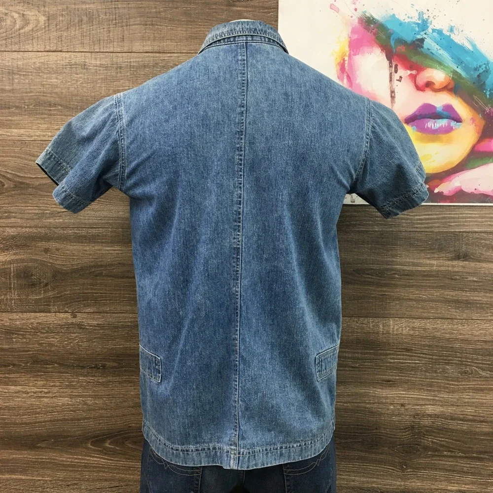 Vintage Denim Co Men's Y2K Medium M Short Sleeve Full‎ Zip Denim Shirt Blue
